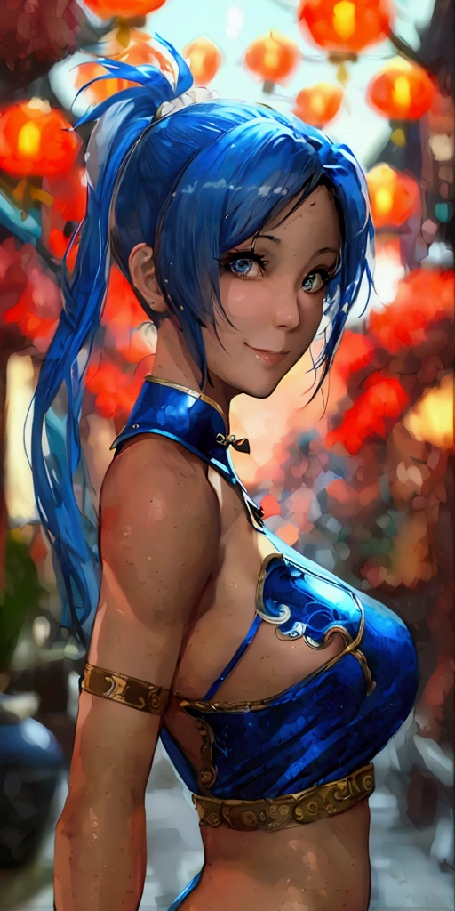 ((Mucha's style)),(vulgar),Big-breasted Woman Warrior,head shot,vulgar smile,blue haired,ponytail,muscular woman