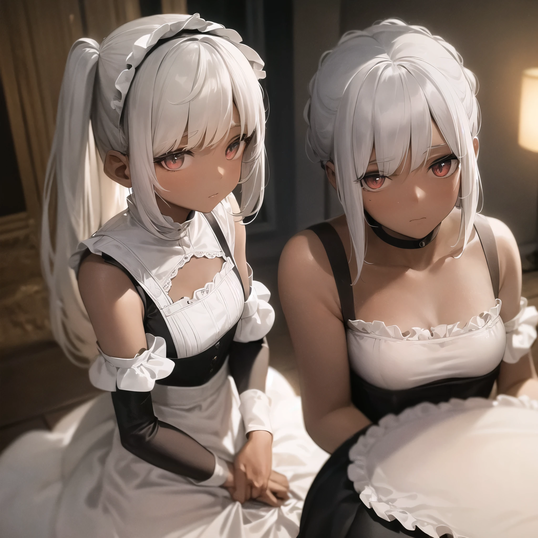 NSFW,(Three Girls:1.5),Long Hair、Hair between the eyes、とてもLong Hair、White Hair、Messy Hair、（Yellow Eyes：1.3）,(Maid clothes:1.5),Off the shoulder,cropped,Micro Mini Skirt,belly button,(Iron Collar:1.5),(Perfect hands),(Perfect Anatomy),(masterpiece),(highest quality),(Embarrassed:1.5),blush,is nervous,Mansion,Luxury Room,chandelier,bedroom,Service