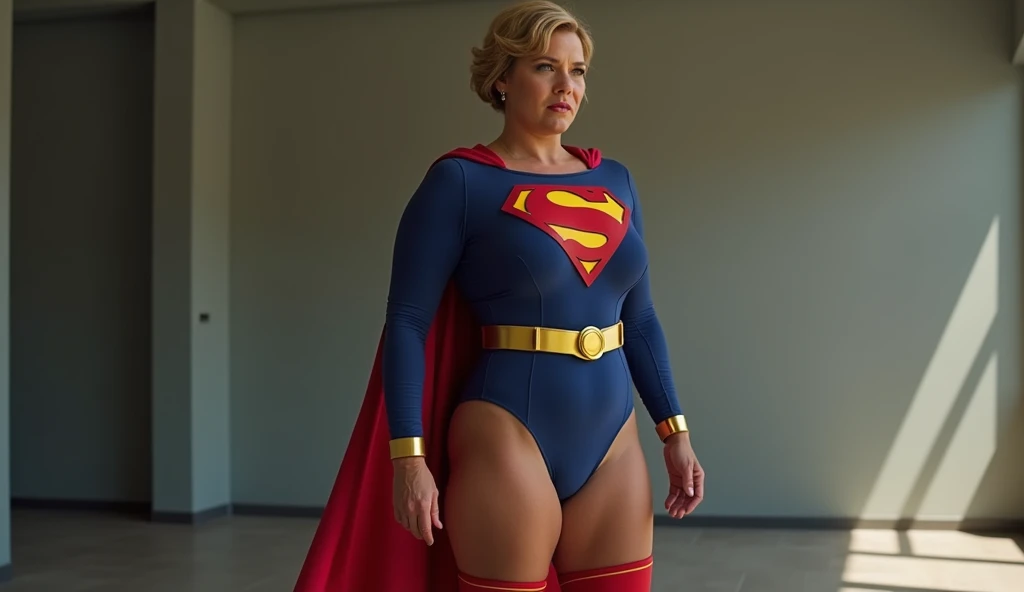 a beautiful girl with short white hair, wearing a tight supergirl costume with long sleeves, huge breasts:1.3,perfect body,wide hips (best quality,4k,8k,highres,masterpiece:1.2),ultra-detailed,(realistic,photorealistic,photo-realistic:1.37),hyper detailed facial features,extremely detailed eyes and face,longeyelashes,highly detailed costume,dynamic pose,action scene,moody lighting,cinematic composition,vibrant colors,