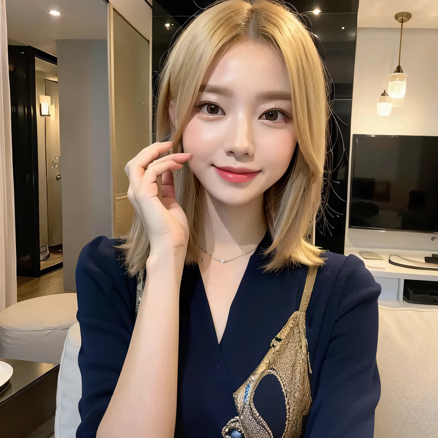 (masterpiece)), ((best quality)), ((real)), ((8K)), 1 girl,  Japanese, 24 years old, so beautiful, Lovely, Model, whole body, Thin, Model, ultra luxury hotel, ソニー一眼レフphoto, Blonde, Long hair, short hair,(Big Breasts 1.2), Looking at the camera,Smile, background realistic,  photo,