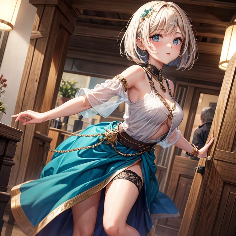 nsfw, masterpiece, 1 girl, erect nipples, intricately detailed, ((topless)), navel, maid skirt, waist apron, bare shoulders, necklace, erect nipples, puffy nipples, extremely detailed, photorealistic, octane render, 8 k, unreal engine, bare breasts, nipples, bare stomach, mansion, queen size bed, grin, small breasts, smiling, collarbone, wet body, platinum blonde, maid, petticoat, white curtain, window, interior, ray of lights, aqua eyes, long hair, uneven bangs, frilled headwear, high socks, lamp, feather duster, dynamic pose, earrings, white eyelashes, child, flat chest, half opened eyes