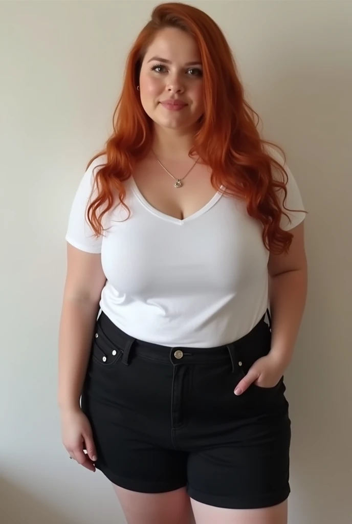 Masterpiece, best quality, 1girl, solo, 32 years old, adult, redhead, blue eyes, voluptuous, curvy, 187cm, pale skin, seductive expression, red wine tshirt v neck, tight jeans, (THICK THIGHS:1.2), full body photo