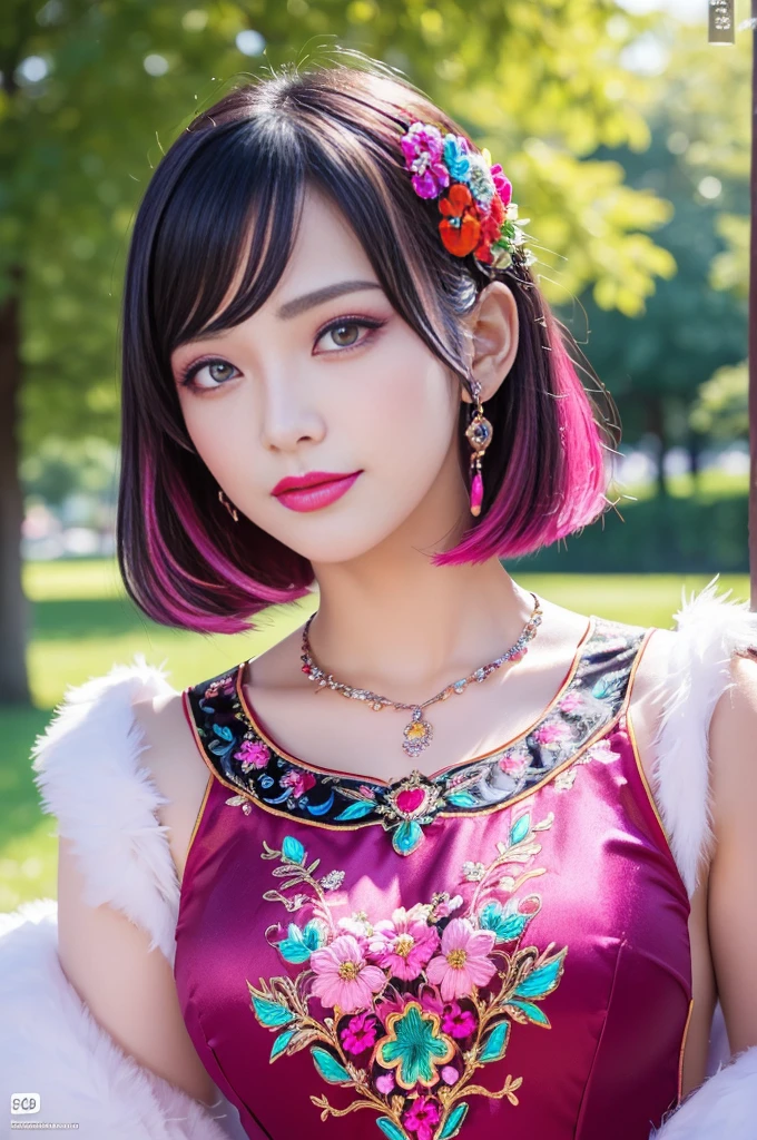 (masterpiece:1.4), (best quality:1.4), ultra high res, ultra high resolution, ((detailed facial features)), HDR, (realistic, photorealistic, photo-realistic:1.37), full body Esbian, sexy swedish model, (-anime), only 1 model, vivid colors, ((vivid colors colorful very short hair)), (happy smile), lip-gloss, long lashes, gothic makeup, defined eyebrows, wearing large sparkling colorful jewelery, wearing a red silk Paradise Kiss cosplay dress with black floral embroidery, ((vivid colors outfit)), vivid colors, look at the camera, cinematic light, large park background with trees, sweet and sexy pose