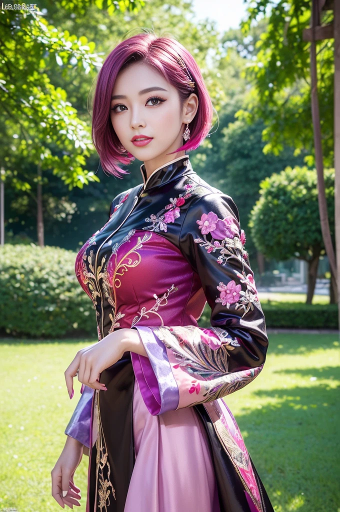 (masterpiece:1.4), (best quality:1.4), ultra high res, ultra high resolution, ((detailed facial features)), HDR, (realistic, photorealistic, photo-realistic:1.37), full body Esbian, sexy Vietnamese model, (-anime), vivid colors, ((vivid colors multicolor (red, fuchsia) very short hair)), (happy smile), lip-gloss, long lashes, ultra detailed metallic makeup, defined eyebrows, wearing large sparkling colorful jewelery, (wearing a red silk Paradise Kiss cosplay dress with black floral embroidery), ((vivid colors outfit)), vivid colors, look at the camera, cinematic light, large park background with trees, sweet and sexy pose