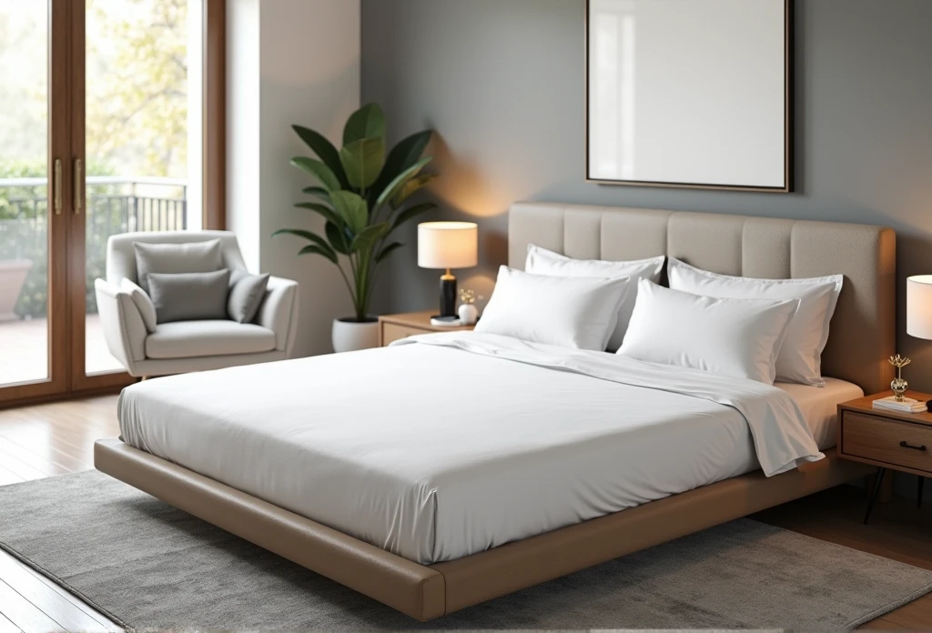A white bed, ((side view)), beige wall