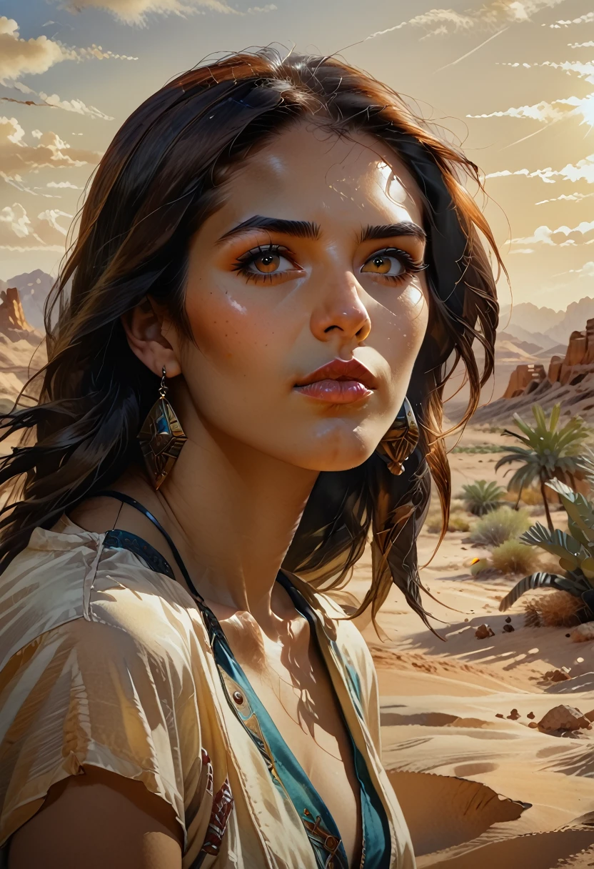 a 20 year old girl, beautiful detailed eyes, beautiful detailed lips, extremely detailed face, longeyelashes, desert landscape, sahara desert, oasis, sand dunes, warm lighting, cinematic lighting, volumetric lighting, dramatic shadows, vivid colors, intricate details, highly detailed, photorealistic, 8k, best quality, masterpiece