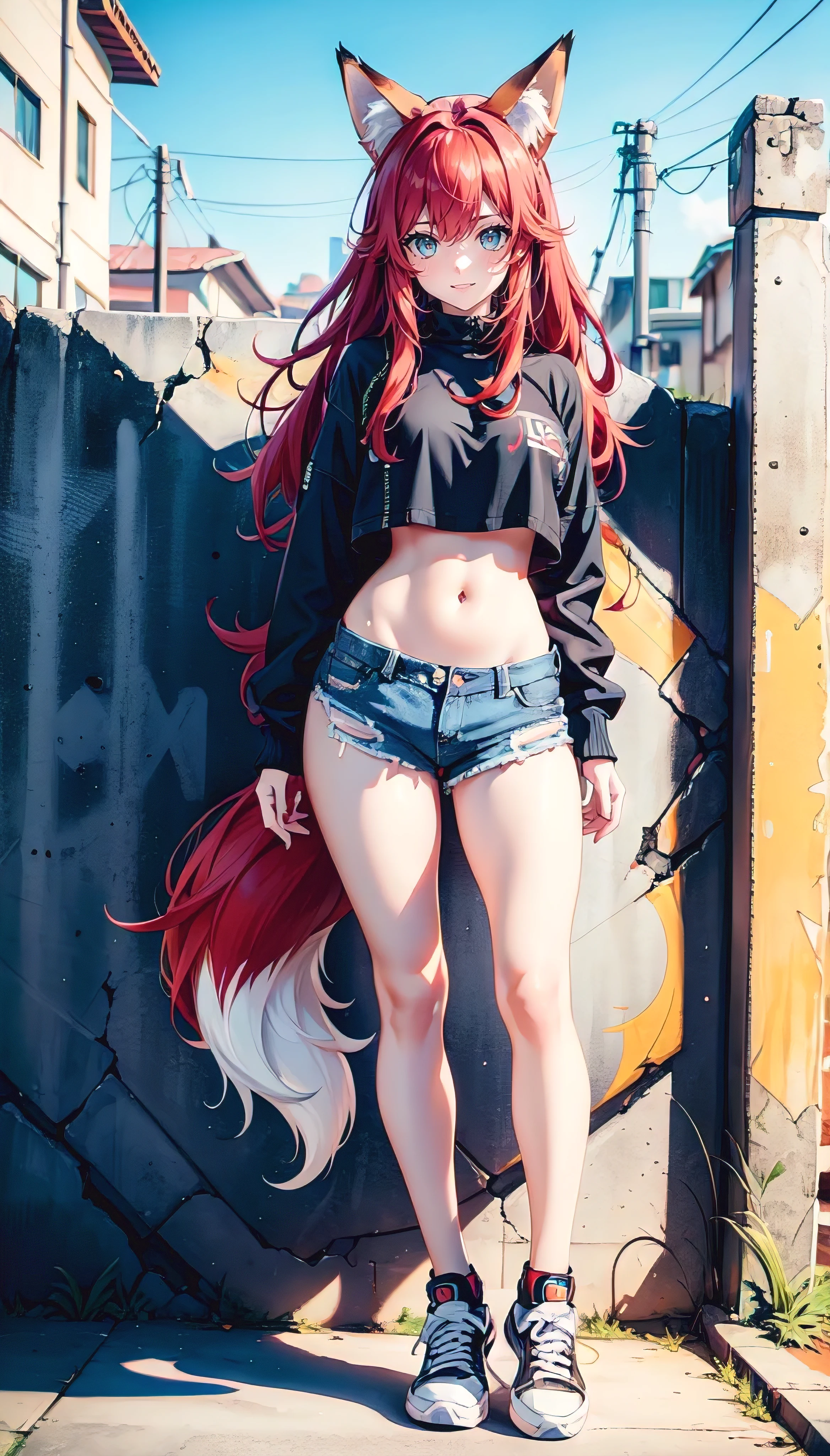 A cute fox girl with blue eyes, long red hair, Fox ears and a fox tail. She has a cheerful, love very much, friendly and happy character. She wears a cool, modernes Outfit, that fits perfectly with a wall with graffiti. Her outfit consists of a trendy crop top, ripped jeans and stylish sneakers. In the background there is a colourful, detailed graffiti wall, which have an urban, gives an artistic look. The image should be highly detailed, with HDR and Ultra 8K resolution, about the textures of clothing, to accurately portray her cheerful charisma and the details of the graffiti.




, best AI technology, 
Full body focus, perfect legs, perfect face, perfect eyes, perfect light, Dynamic Light, Natural light, Pretty, (perfect feet:1.2),(​masterpiece:1.2), (best quality:1.2), (Very aesthetically pleasing:1.2), (most absurd:1.2), (detailed background),Latest,KI-generiert, Intricate detailing,
best quality, High resolution, super detailed, uhd, textured skin, Raytracing, anime-style