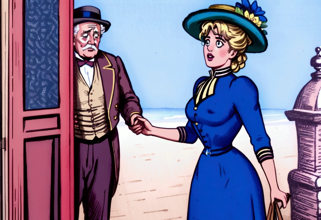 Betty Cooper as a stunningly beautiful **** blonde Gibson Girl of the 1890s wearing a blue 1890_dr3ss, picture hat, perky pushed up breasts, 9in wasp waist. (((Masturbating a large old man standing next to her))) (((NSFW))). 1girl, 1man 