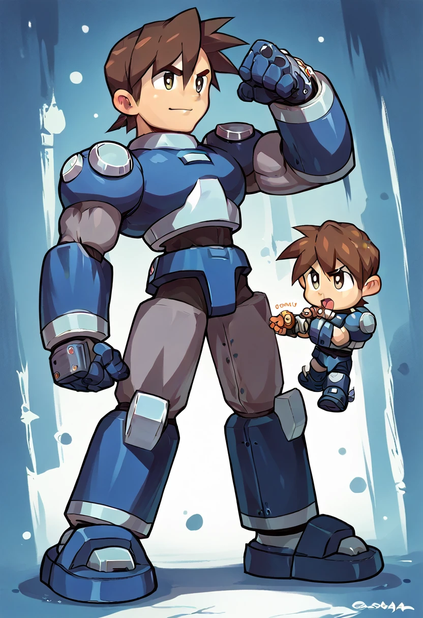 Highest quality,RAW Photos,Professional Art Works,Guts pose,m3g4m4n,Blue Armor,Muscular,Brown Hair, boy,Chibi,