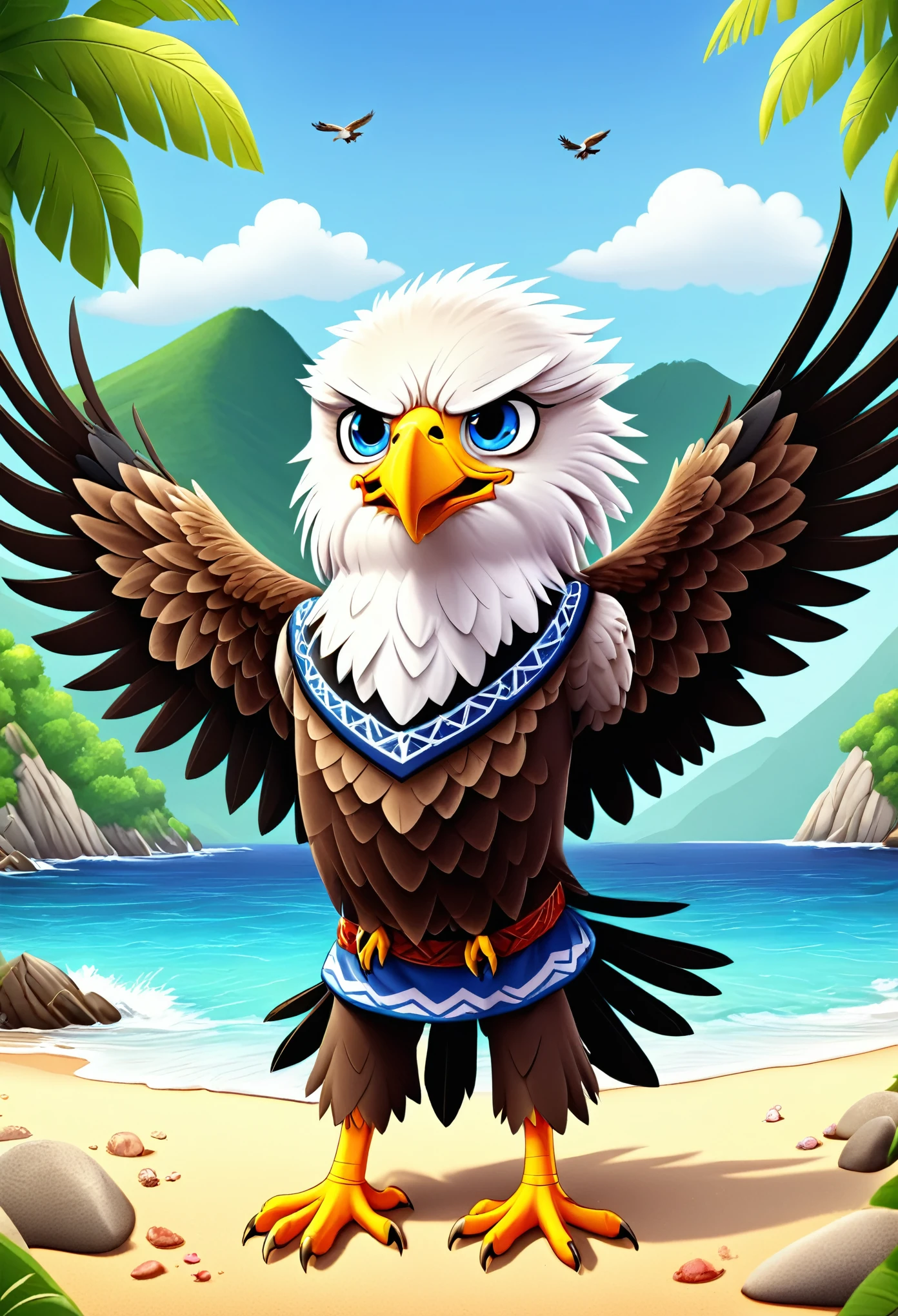 cute white-headed eagle, cartoon, arms, hands ,cute eyes, looking at viewer, arms up, beach clothes, flawless, mountain, tree