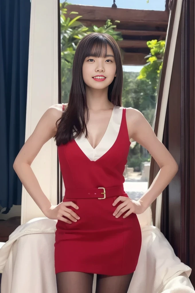 (masterpiece、top-quality、ighly detailed、8K picture quality、wall-paper、Ultra-detail)、(Raw photography:1.2)、Put your hands on your hips、Strong eye shine、look up to、Upper Eyes、Soft hair、long hair split in the middle、very red lips、White teeth、Fangs are visible from the mouth、morbidly white complexion、Skin with blue blood vessels showing through、((movie、The role of a beautiful female vampire))、Midnight Bedroom、 1girl in、10Early generations、small head、((very thin waist:1.1))、Black pantyhose、Sleeveless、(((Red Dress、Naked under a suit、no-good)))、pencil skirts、((breasts:1.1))、(Clothes that show through the skin))、Provocation、