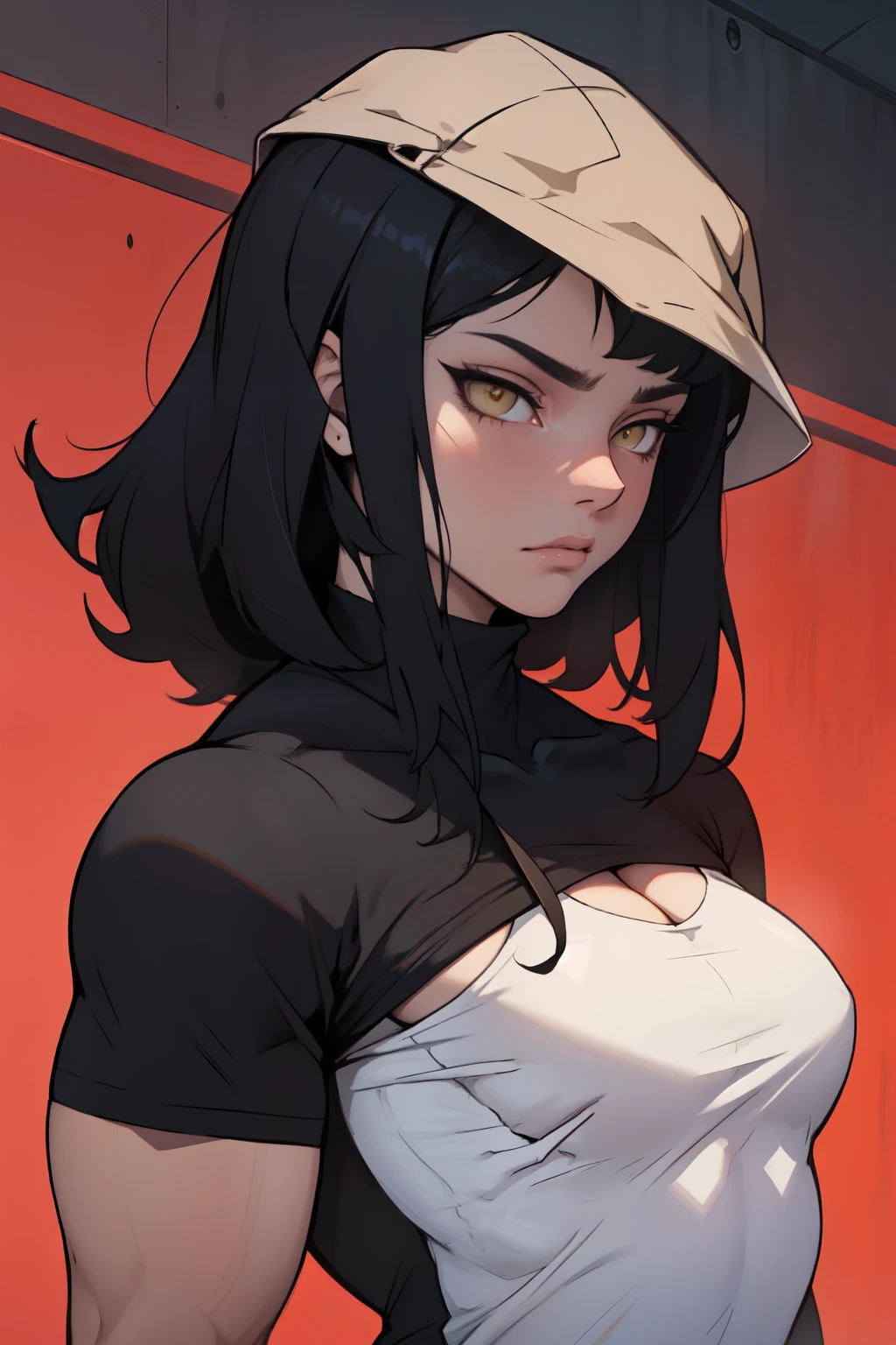 sad angry pale skin very long hair black hair yellow eyes large tits