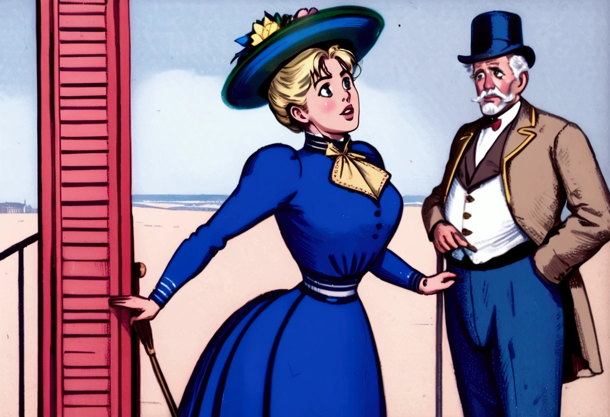 Betty Cooper as a stunningly beautiful **** blonde Gibson Girl of the 1890s wearing a blue 1890_dr3ss, picture hat, perky pushed up breasts, 9in wasp waist. (((Masturbating a large old man standing next to her))) (((NSFW))). 1girl, 1man 