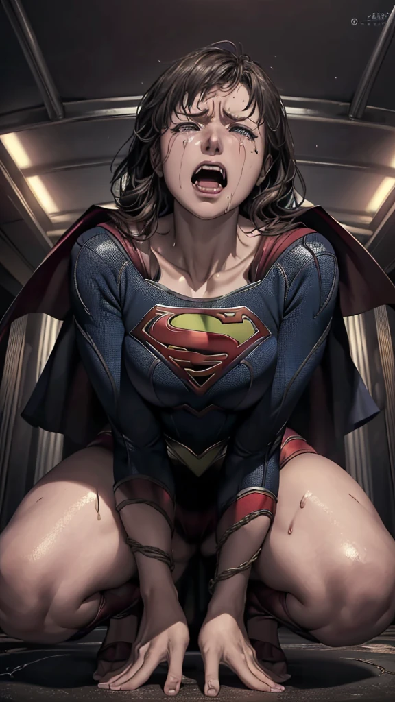 (((High resolution face))),((Supergirl gets arrested, Handcuffed in Space)), ((Humiliating,lost,Destroyed)), ((emotional expression,expression of pain and despair, Scream in pain, expression of suffering)),(Supergirl is crouching,  slave,Obedient), (she泣いている)), ((she首に犬の首輪をつけている.)), (sheボロボロになったコスチュームを着ている, she破れたコスチュームを着ている), (first work, Better Quality) 1.5, 1 girl, alone, (Sensual, Beautiful woman, Perfect Face, Perfect Eyes), whole body. ((she)), Tears running down your face)), ((Supergirl trapped in Strap-on, immediately, Use some kind of fastening method, Like a rope or chain stretching from your wrist to a connection point above)), (((emotional expression,expression of pain and despair, Scream in pain, expression of suffering, Big eyes, Expressions of fear, body writhing in pain))), ((sheスティレットハイヒールとレースのパンストを履いている)), (((Looking into the camera)))
