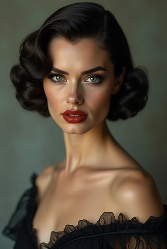(Masterpiece.UHD.photorealistic) (full body) an ultra hot gorgeous brunette woman with beautiful detailed eyes,beautiful detailed full lips, gorgeous face. Full red lips.extremely detailed eyes and face,longeyelashes, epic cleavage (100e breast size) ,bun.freckles. intricate detailed facial features, e Kline.off shoulder dress,flowing ethereal dress,dramatic lighting,cinematic angle,in a 1940 interior. vibrant colors,warm color palette.