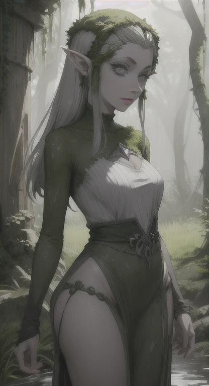 1 girl, dryad, black eyes, long hair, white hair, serious look, slim body, medium bust, good figure, dark skin, clothes made with plants, forest in the background.