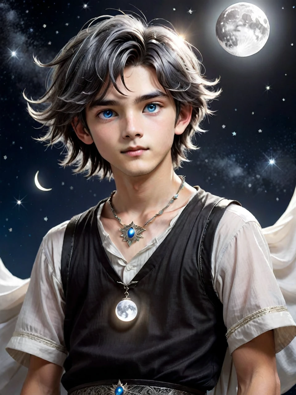 a boy named Thomas. He had hair black as night and curious eyes that shone like distant stars. But what really caught everyone's attention was the adornment he wore around his neck: a small silver moon. This mysterious moon was made of a bright and delicate material, and seemed to emit a soft silvery radiance.  