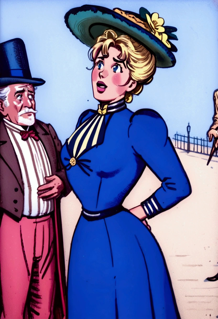 Betty Cooper as a stunningly beautiful **** blonde Gibson Girl of the 1890s wearing a blue 1890_dr3ss, picture hat, perky pushed up breasts, 9in wasp waist. (((Masturbating a large old man standing next to her))) (((NSFW))). 1girl, 1man 