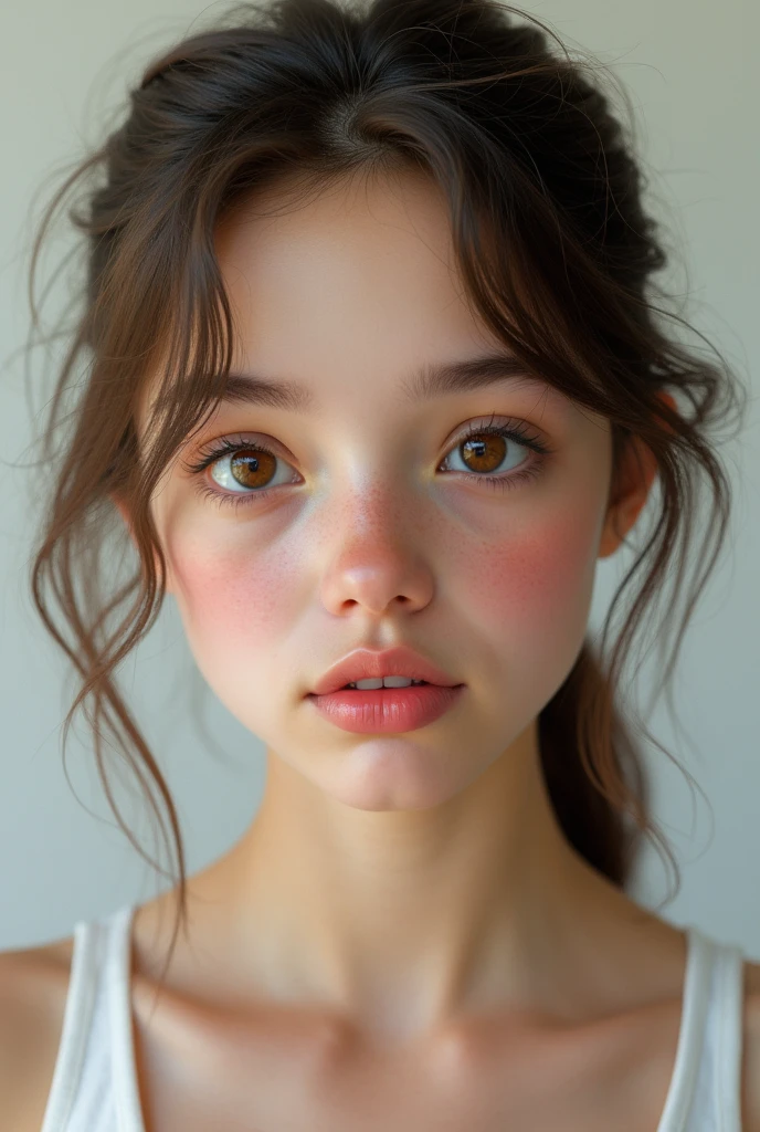masterpiece, Highest quality, Very detailedな, Ultra-high resolution, (photoRealistic:1.8), , photograph, Realistic_skin_texture, background, Caucasian teenage girl,Big upturned eyes, thick nose,Lip balm for shiny lips,Fuller lips (Ultra detailed face), Wearing a white tank top,8k,Very detailed.