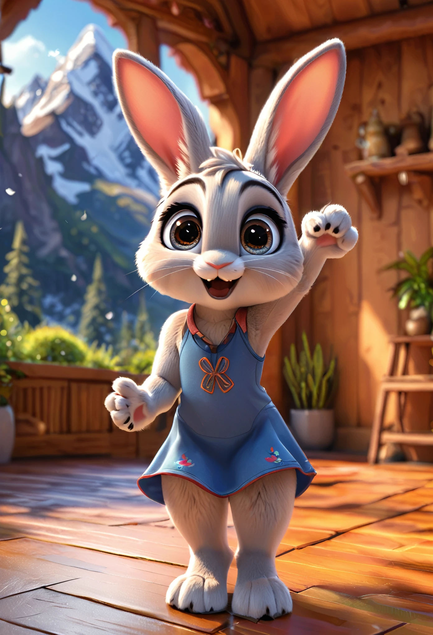 cute bunny, cartoon, arms, hands ,cute eyes, looking at viewer, arms up, flawless, mountain, floor