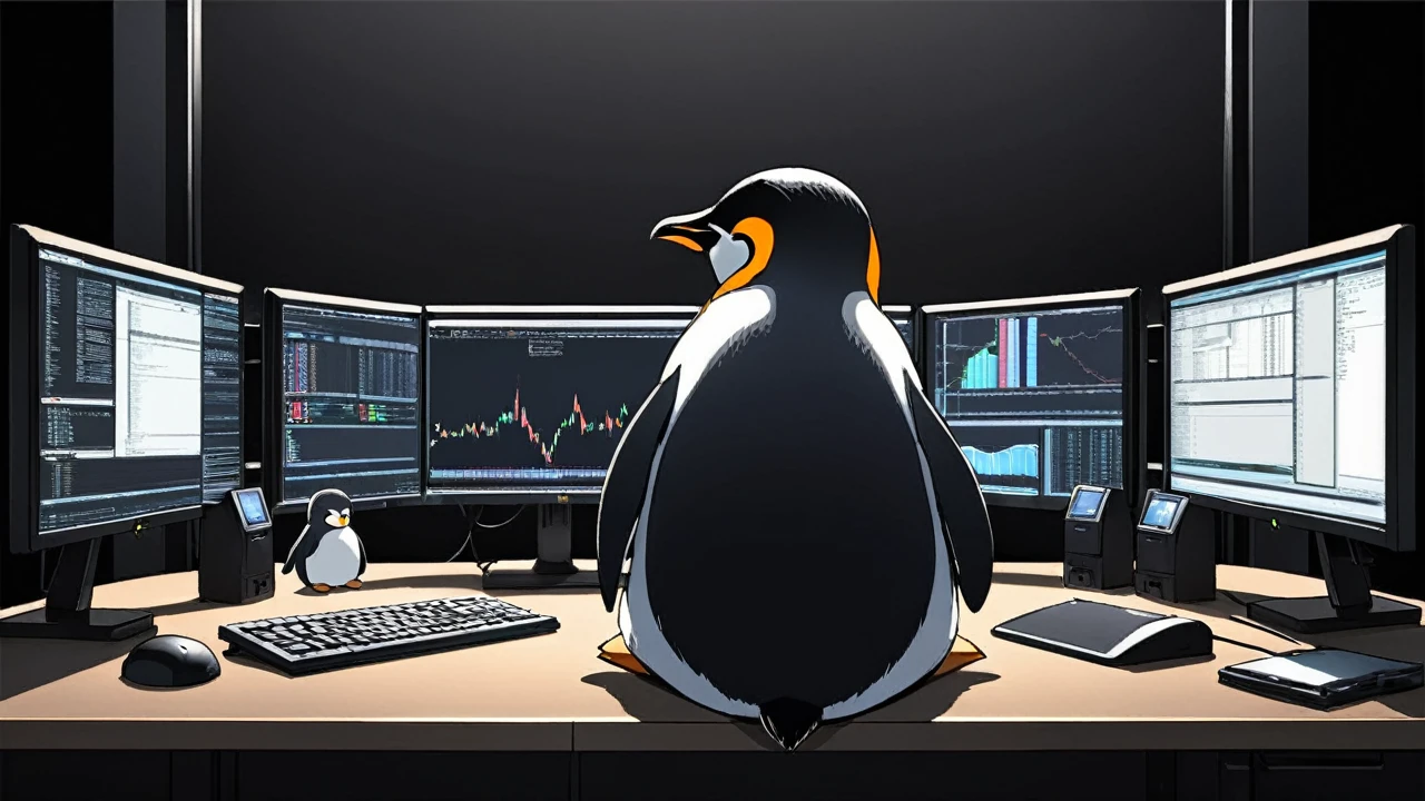 A chic penguin, Sad expression, Black background, anime, best quality, A penguin sitting on a desk with multiple monitors, The penguin is trading stocks while looking at the monitor