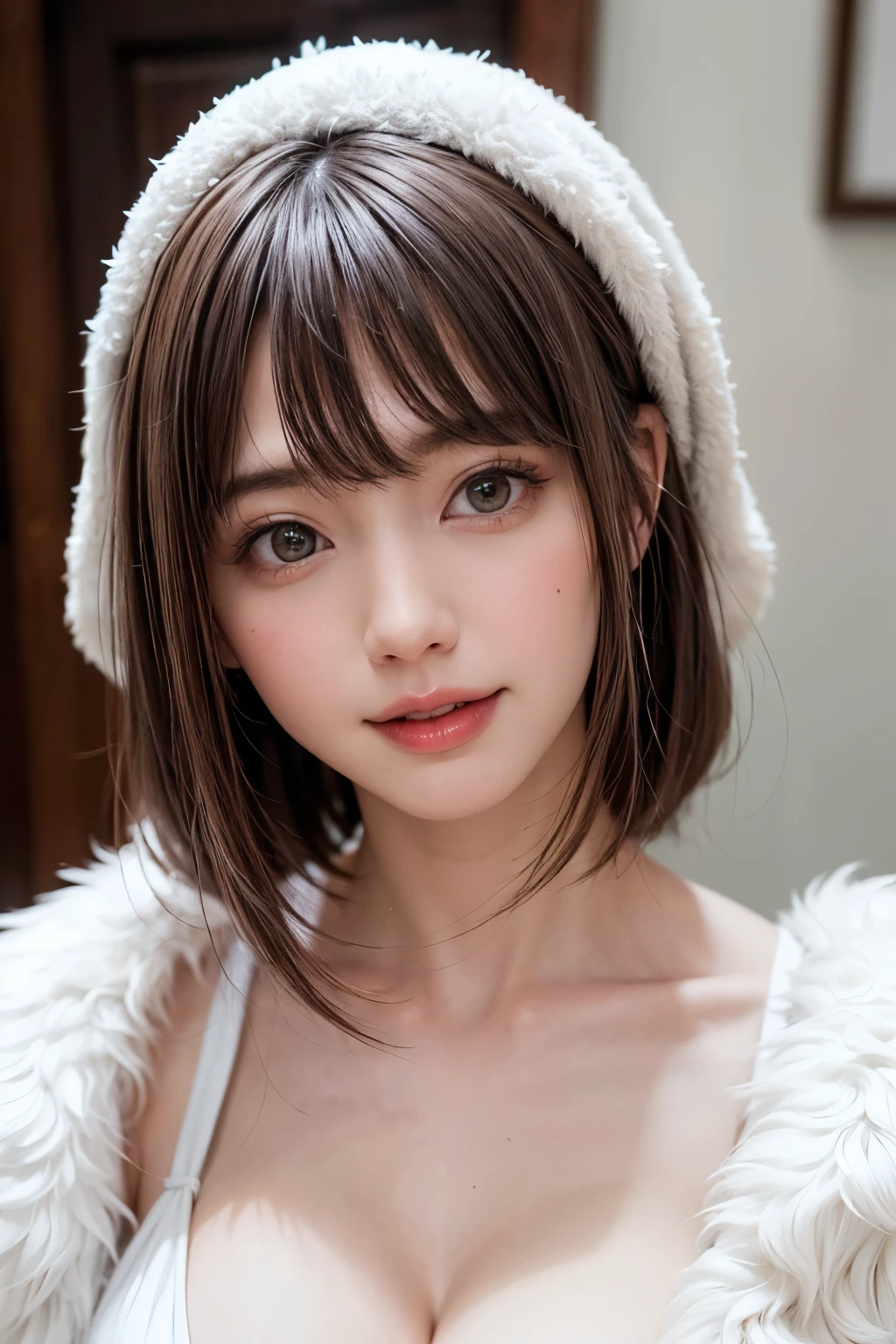 Best Quality, Photorealistic, 8K, hight resolution, fulcolor, 1girll, Woman, 20yr old female, (Closed mouth:1.73), with a pure white background，Bring skin care products closer to the cheeks，With fair skin，semi transparent， view the viewer:1.8, (1girl eyes looking at viewer:1.55), (Medium Hair, brown haired, parted hair:1.45), (Bokeh),