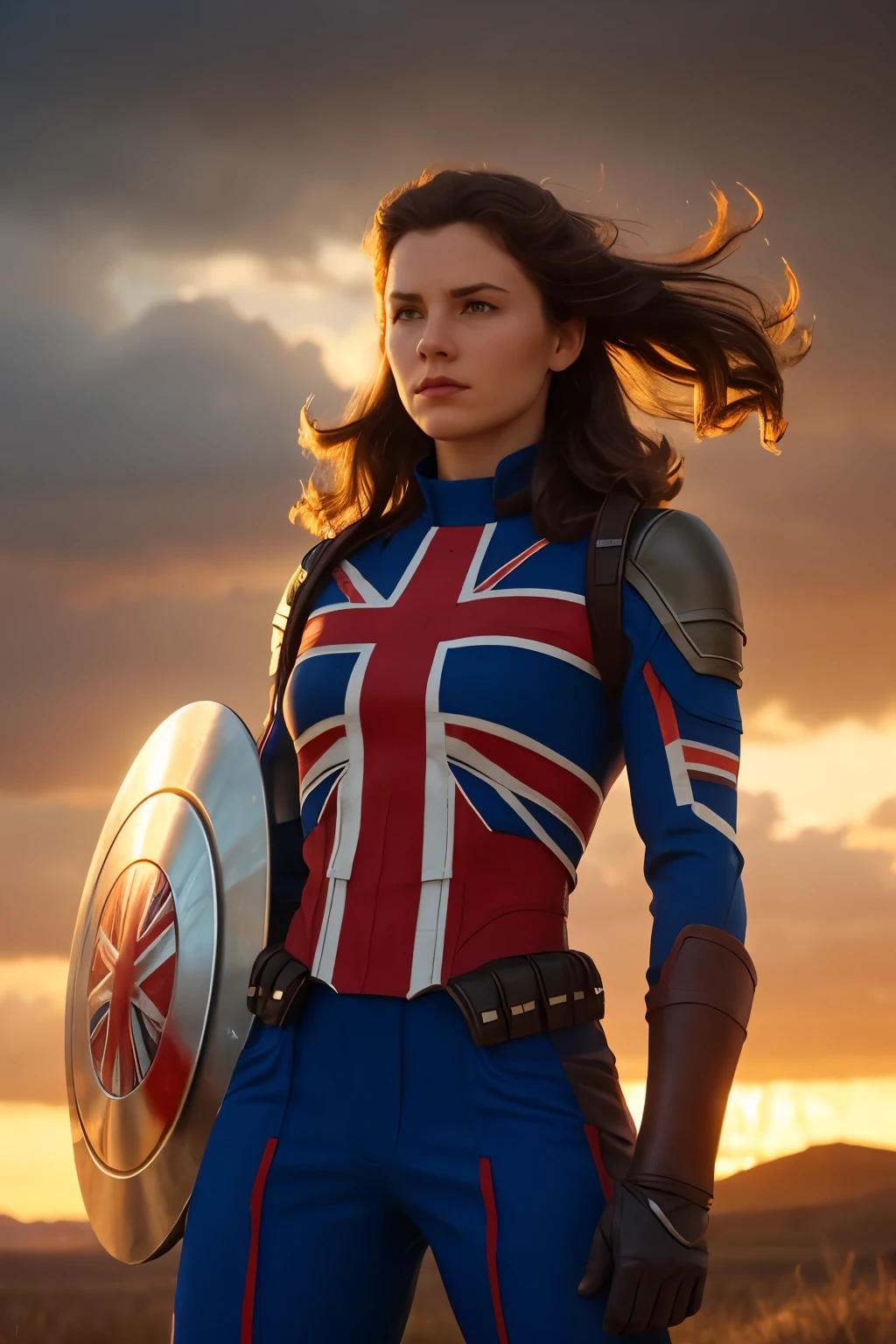 Captain Carter in her iconic Union Jack suit, standing heroically on a battlefield, ((shield on arm)), glowing with energy. The backdrop showcases a war-torn landscape with rays of sunlight breaking through the clouds, illuminating her figure. Muscular and confident stance, wind blowing through her hair, epic aura. A mix of determination and hope in her eyes as she faces the horizon, ready for the next battle. natural light, 35mm photograph, film, professional, 4k, highly detailed, Golden hour lighting. Depth of field F2. Rule of Thirds Composition.