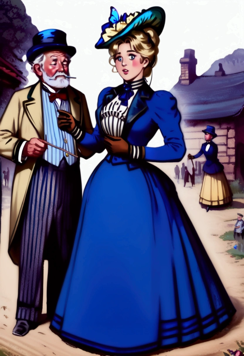 Betty Cooper as a stunningly beautiful **** blonde Gibson Girl of the 1890s wearing a blue 1890_dr3ss, picture hat, parasol, gloves, perky pushed up breasts, 9in wasp waist. (((Dry-humped by a large old man standing behind her, grabbing her breasts))) (((NSFW))). 1girl, 1man 