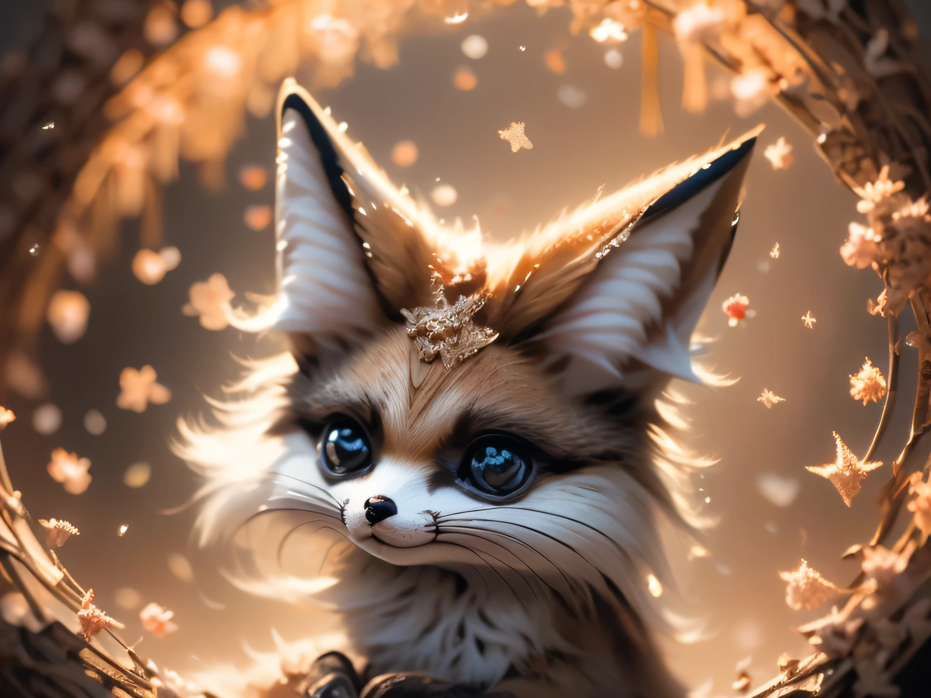 close-up photography, very cute, big eyes, soft nose, fluffy, smiling, two teeth, 3D cartoon cute  character, tiny chibi (fennec fox:1.3)_ realistic, dynamic, action, natural background, realistic, beautiful, glitter, stars in eyes, soft volumetric light, (backlight:1.3), (cinematic:1.2), intricate details, (ArtStation:1.3), Rutkowski --auto --s2