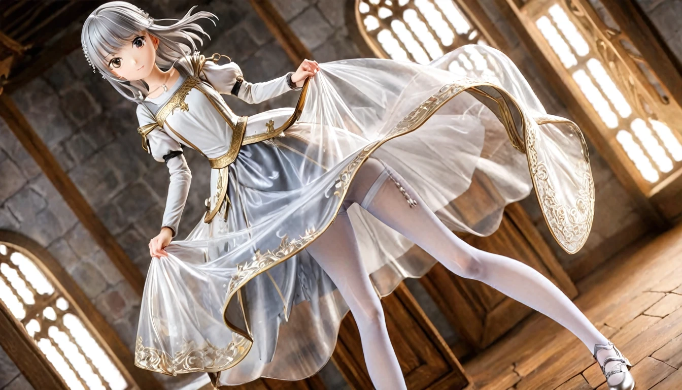 girl, Gold and silver embroidery, White-gray pearl medieval long dress（With panniers）, Translucent fabric, Pull up the dress by hand,Before the guillotine, Strong winds, Translucent slip, Grey translucent tights, Peeking from below, Highest quality, Disorder of clothing