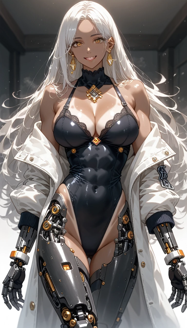 Female combat robot(tall.Protruding blood vessels all over the body.浅blackい肌Muscular body.Six Pack Abs.Narrow waist.Beautifully shaped breasts(Large Breasts.Super big breasts).Toned and lean abs.Long legs)、(Mechanical Hand、Mechanical legs)、White Hair(Long Straight Hair)、[ear]Long hair with hair hanging down(Center-parted bangs.([ear]=人間のear.[ear]Silver round earrings))、blackいビキニ、White jacket(Off the shoulder)、Shorts(black)、blackいスニーカー、Fishnet tights、belly button、Golden eyes、smile、Brown Skin(Swimsuit tan lines)、Overwhelming physical beauty(Trained Limbs=Muscular body.Broad shoulders.Thick arms.Muscular lower body)、、Shading Effects、Gradient Magic Effect、Fog filter effect、Glitter effect、(Super detailed、Highest quality:1.3)、2.5D、delicate and dynamic、A clearly drawn face、Clearly defined eyes、Clearly defined details、Artistic photography、Ultra-realistic、8k、Accurate five fingers、Drawing the details of the body、Graphics CG Digital Art、