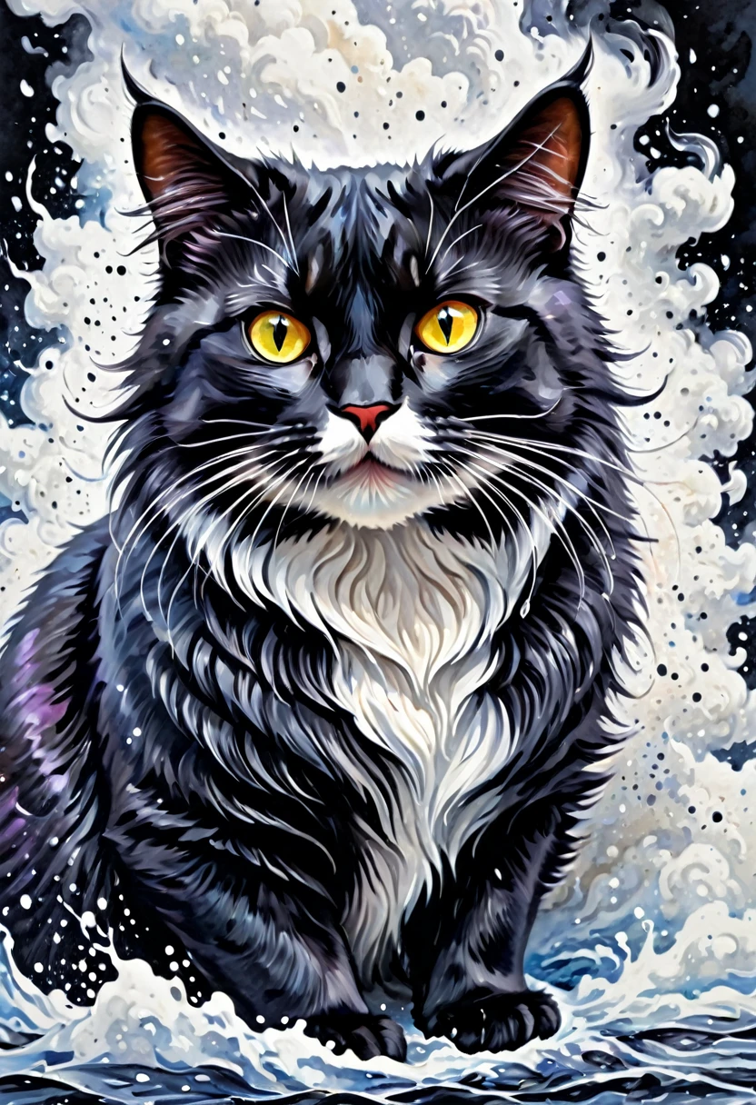 Colorful beautiful cat,: Black ink flow: 8k resolution Photorealistic masterpiece:, elaborately detailed liquid gouache painting: calligraphy: Acryl: watercolor art, professional photography, natural lighting, Volumenflash, maximalist photo illustration: Concept art with 8K resolution and elaborate details, complex, elegant, expansiv, fantastic