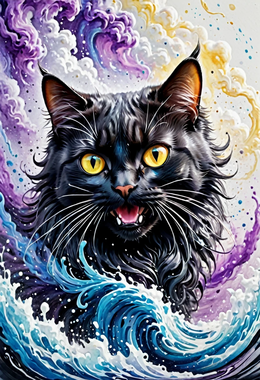 Colorful beautiful cat,: Black ink flow: 8k resolution Photorealistic masterpiece:, elaborately detailed liquid gouache painting: calligraphy: Acryl: watercolor art, professional photography, natural lighting, Volumenflash, maximalist photo illustration: Concept art with 8K resolution and elaborate details, complex, elegant, expansiv, fantastic