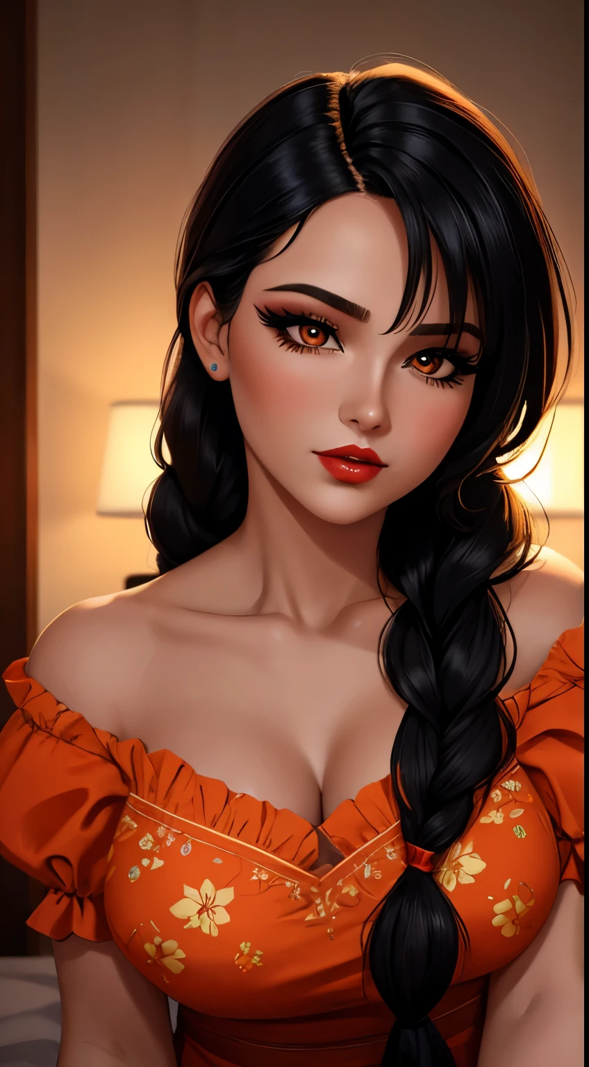 Amazing portrait of a woman who is 30 years old and an adult and a sexy woman in a bedroom with a beautiful detailed face emphasised by some amazing makeup wearing an orange maxi dress with floral patterns and a square neckline that emphasizes her medium chest and slightly puffy short sleeves with a lustful expression heightened by her seductive eyes with smokey eyeliner with her black hair in a long braid during night time with soft lighting showcasing her red lips and her beautiful face in detail and close up 