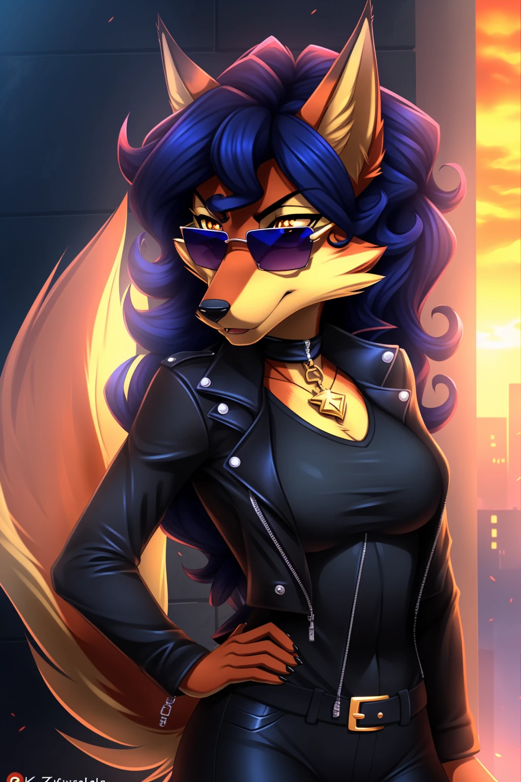 By zinfyuu on pixiv,by twistedscarlet60, uploaded on pixiv, by fluff-kevlar, (masterpiece), (best quality), (anthro furry:1.3, snout:1.2, anthro:1.3, furry:1.2, solo female:1.2), (extremely detailed:1.3), (Detailed eye part: White lens, brown iris,black cornea), tall, slim body, orange fur, carmelita fox, carmelita, black leather jacket:1.5), black jacket, leather jacket, black leather pants, black pants, leather pants, (sunglasses:1.2), rectangular sunglasses, dark sunglasses, dark glasses, black sunglasses, serious face, serious expression