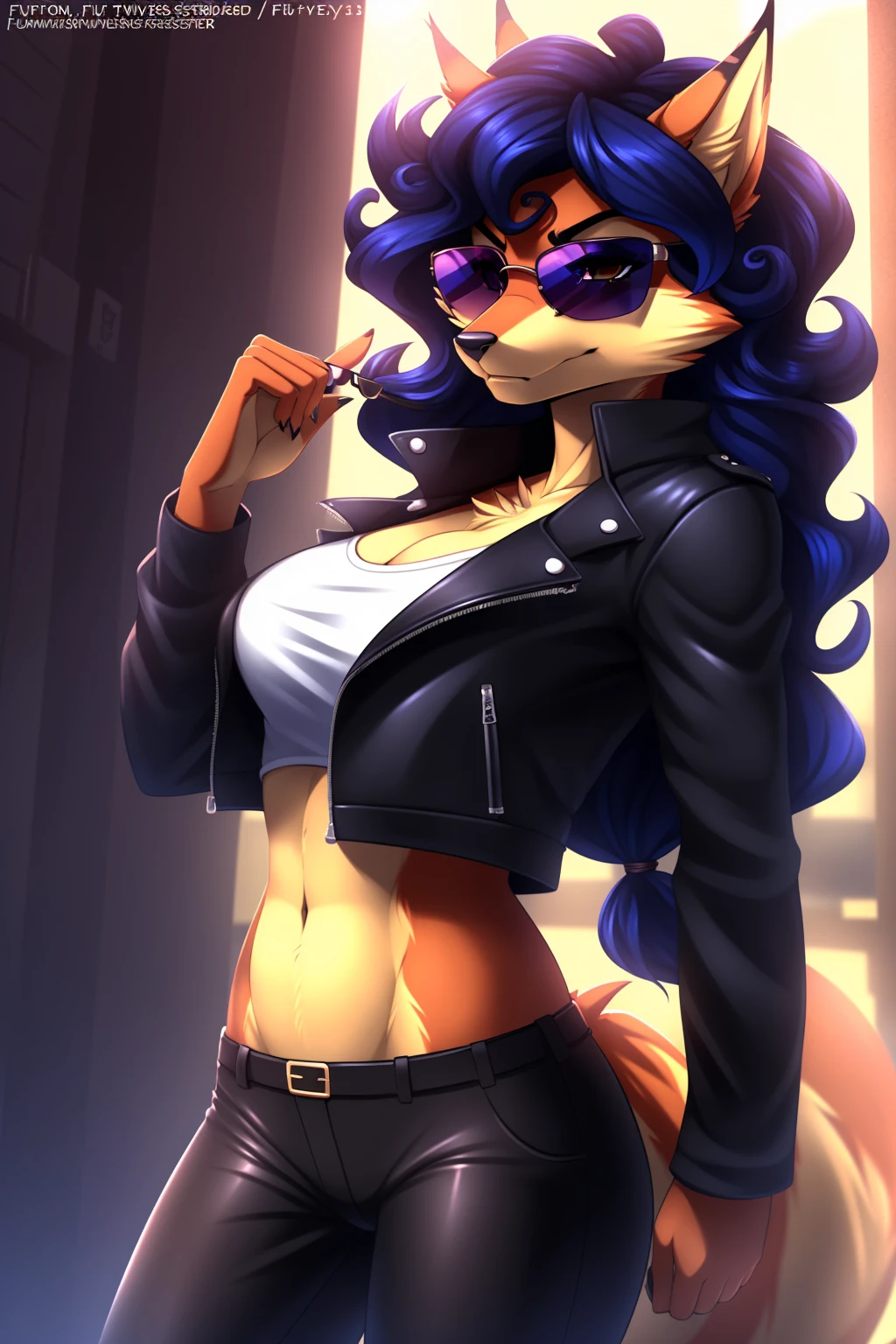 By zinfyuu on pixiv,by twistedscarlet60, uploaded on pixiv, by fluff-kevlar, (masterpiece), (best quality), (anthro furry:1.3, snout:1.2, anthro:1.3, furry:1.2, solo female:1.2), (extremely detailed:1.3), (Detailed eye part: White lens, brown iris,black cornea), tall, slim body, orange fur, carmelita fox, carmelita, black leather jacket:1.5), black jacket, leather jacket, black leather pants, black pants, leather pants, (sunglasses:1.2), rectangular sunglasses, dark sunglasses, dark glasses, black sunglasses, serious face, serious expression