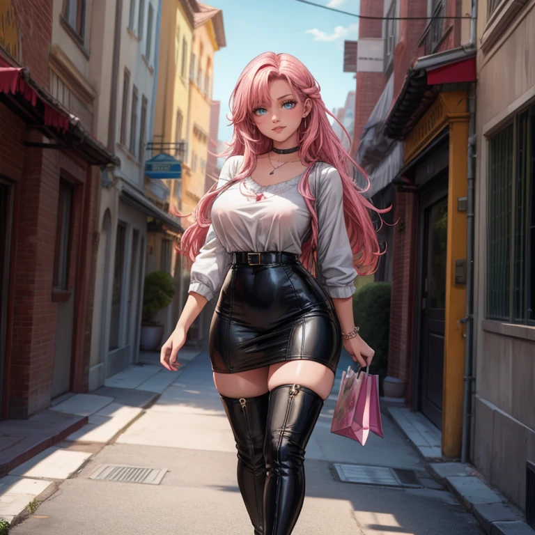 Masterpiece, beautiful art, 8k, art style by sciamano240, very detailed face, detailed hair, detailed clothes, detailed fabric, 1girl, beautiful face, long hair, hot pink hair , model head shot, facing camera, very detailed green eyes, sultry smile, wearing classy fall clothes, white dior thigh boots, white pencil skirt, walking , out shopping, necklace, chocker, rosey cheeks, sunny fall setting, full body view, photorealistic, indirect lighting, volumetric light, ray tracing, hyper-detailed, best quality, ultra-high resolution, HDR, (8k, Best Quality, Masterpiece:1.2), Ultra Detail, RAW Photo, Super Resolution, Professional Photo, Extremely Detailed and Beautiful, lot of drool, sweat, belly inflation