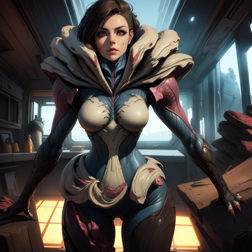 Saryn, standing, frontview, looking to the viewer. /she looks to the viewer), (((brunette human face))),  abadoned lavoratory. (insanely detailed,masterpiece, best quality),solo, claws