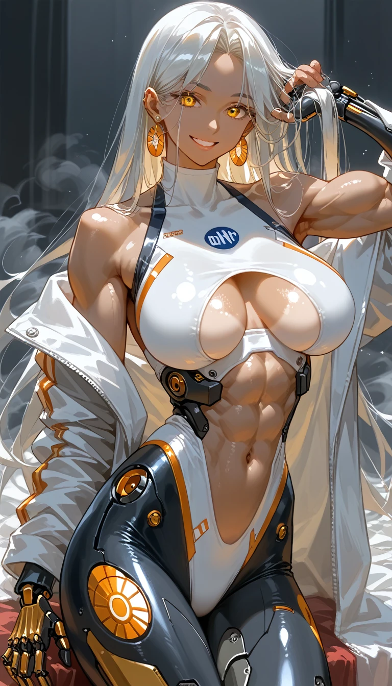 Female combat robot(tall.Protruding blood vessels all over the body.浅blackい肌Muscular body.Six Pack Abs.Narrow waist.Beautifully shaped breasts(Large Breasts.Super big breasts).Toned and lean abs.Long legs)、(Mechanical Hand、Mechanical legs)、White Hair(Long Straight Hair)、[ear]Long hair with hair hanging down(Center-parted bangs.([ear]=人間のear.[ear]Silver round earrings))、blackいビキニ、White jacket(Off the shoulder)、Shorts(black)、blackいスニーカー、Fishnet tights、belly button、Golden eyes、smile、Brown Skin(Swimsuit tan lines)、Overwhelming physical beauty(Trained Limbs=Muscular body.Broad shoulders.Thick arms.Muscular lower body)、、Shading Effects、Gradient Magic Effect、Fog filter effect、Glitter effect、(Super detailed、Highest quality:1.3)、2.5D、delicate and dynamic、A clearly drawn face、Clearly defined eyes、Clearly defined details、Artistic photography、Ultra-realistic、8k、Accurate five fingers、Drawing the details of the body、Graphics CG Digital Art、