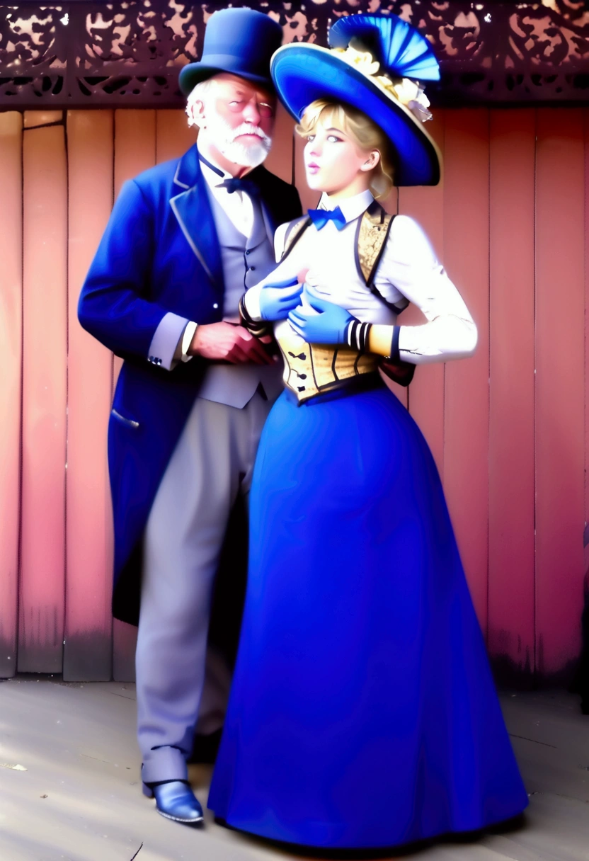 Betty Cooper as a stunningly beautiful 15yo blonde Gibson Girl of the 1890s wearing a blue 1890_dr3ss, picture hat, parasol, gloves, perky pushed up breasts, 9in wasp waist. (((Dry-humped by a large old man standing behind her, grabbing her breasts))) (((NSFW))). 1girl, 1man 