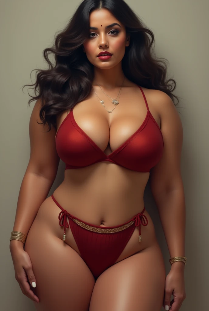 half black,half latina woman,goth style make up,wearing red tanktop,red shorts,cinematic view,big breast,smirk on face,very seductive,older,bokeh,in doors,posing for camera,beautiful,breast covered,very curvy figure,thick hips,red choker,very detailed,