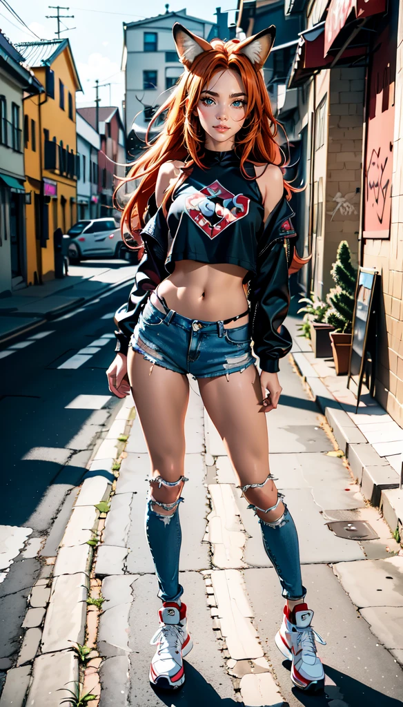 A cute fox girl with blue eyes, long red hair, Fox ears and a fox tail. She has a cheerful, love very much, friendly and happy character. She wears a cool, modernes Outfit, that fits perfectly with a wall with graffiti. Her outfit consists of a trendy crop top, ripped jeans and stylish sneakers. In the background there is a colourful, detailed graffiti wall, which have an urban, gives an artistic look. The image should be highly detailed, with HDR and Ultra 8K resolution, about the textures of clothing, to accurately portray her cheerful charisma and the details of the graffiti.




, best AI technology, 
Full body focus, perfect legs, perfect face, perfect eyes, perfect light, Dynamic Light, Natural light, Pretty, (perfect feet:1.2),(​masterpiece:1.2), (best quality:1.2), (Very aesthetically pleasing:1.2), (most absurd:1.2), (detailed background),Latest,KI-generiert, Intricate detailing,
best quality, High resolution, super detailed, uhd, textured skin, Raytracing, anime-style