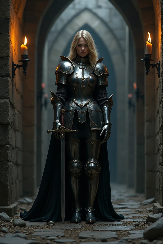 (masterpiece, top quality, best quality, official art, beautiful and aesthetic:1.2), (1girl:1.3), ((Sharp facial features, sharp features, hawkish features)), ((blue eyes)), busty paladin knight girl, extremely detailed, portrait, looking at viewer, solo, (full body:0.6), detailed background, full-body shot, (warm mountain meadow theme:1.1), holy knight, (nun), charlatan, smirk, mysterious, swaying in mountains, armor, polished metal, gold trim, long boots, white fabric, pelvic curtain, robe, pale leather, ((((nun, holy aura, corona, mace, heavy armor, armored, long legs, pelvic curtain, toned, muscular, chainmail)))), slim waist, slim hips, long legs, medieval (mountain exterior:1.1) background, dark mysterious lighting, shadows, magical atmosphere, dutch angle