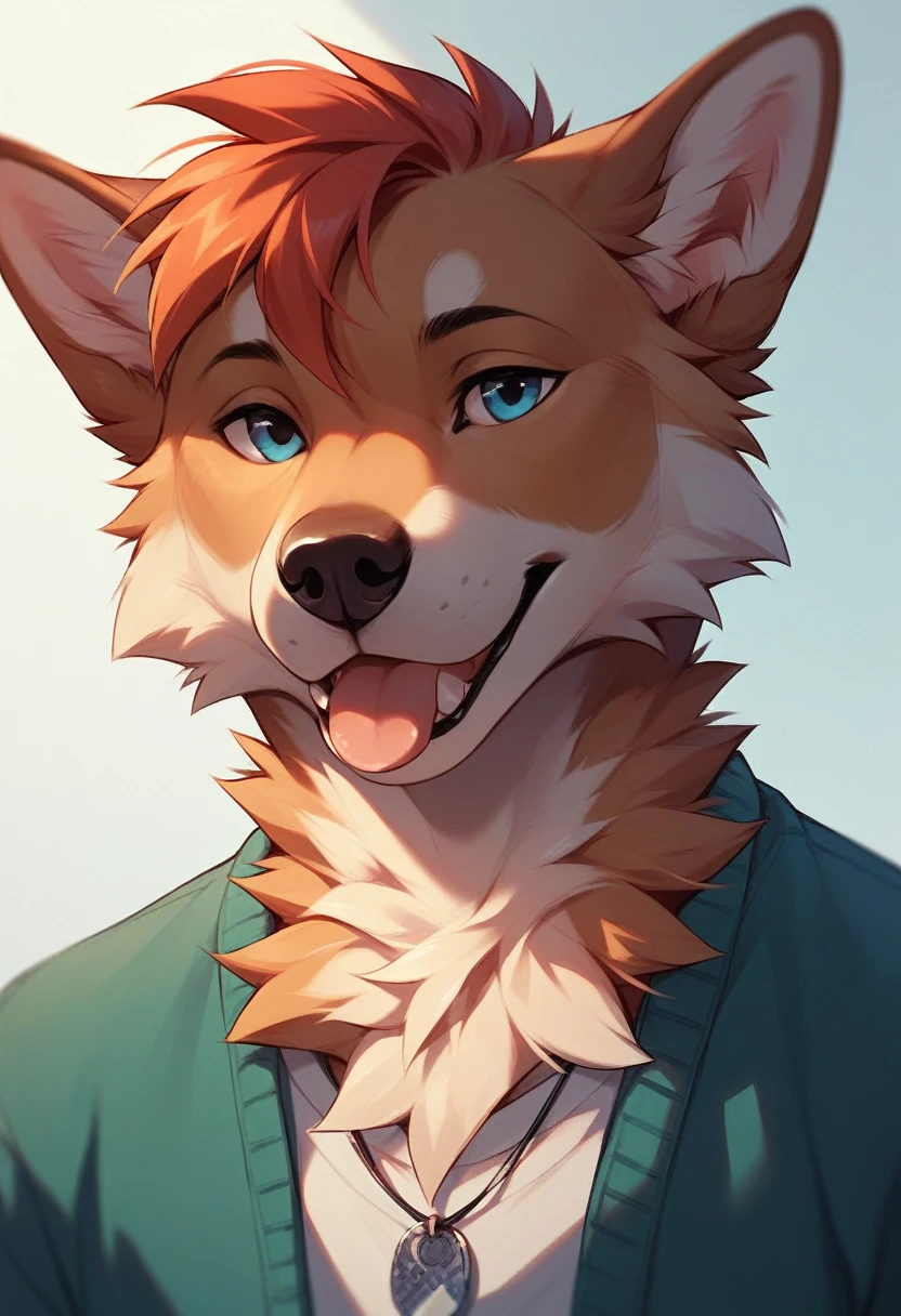 anthro male red fox, black nose, green eyes, black horns very fluffy body, solo, furry art, eyes closed, half body view, thick tail, front facing, making a heart with his hands, cutecore, thin body, slim male, white background, front facing, tilted head