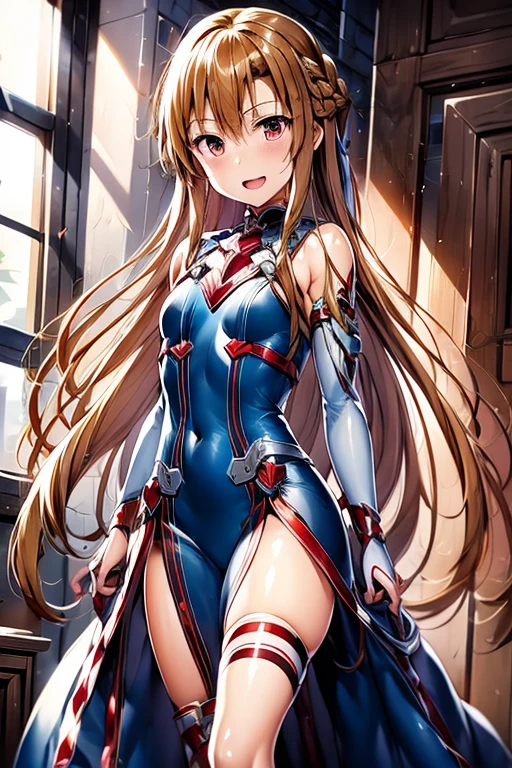 ((Highest quality)), ((masterpiece)), (be familiar with), Perfect Face, indoor, Bedroom, Watching the audience,
One woman, Yuuki Asuna,
Open Mouth, Ecstatic expression, blush, smile,
Small breasts, Flat Chest, , , child, Girl,
Long Hair, Long Hair,
Leg spread,