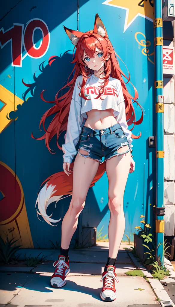 A cute fox girl with blue eyes, long red hair, Fox ears and a fox tail. She has a cheerful, love very much, friendly and happy character. She wears a cool, modernes Outfit, that fits perfectly with a wall with graffiti. Her outfit consists of a trendy crop top, ripped jeans and stylish sneakers. In the background there is a colourful, detailed graffiti wall, which have an urban, gives an artistic look. The image should be highly detailed, with HDR and Ultra 8K resolution, about the textures of clothing, to accurately portray her cheerful charisma and the details of the graffiti.




, best AI technology, 
Full body focus, perfect legs, perfect face, perfect eyes, perfect light, Dynamic Light, Natural light, Pretty, (perfect feet:1.2),(​masterpiece:1.2), (best quality:1.2), (Very aesthetically pleasing:1.2), (most absurd:1.2), (detailed background),Latest,KI-generiert, Intricate detailing,
best quality, High resolution, super detailed, uhd, textured skin, Raytracing, anime-style