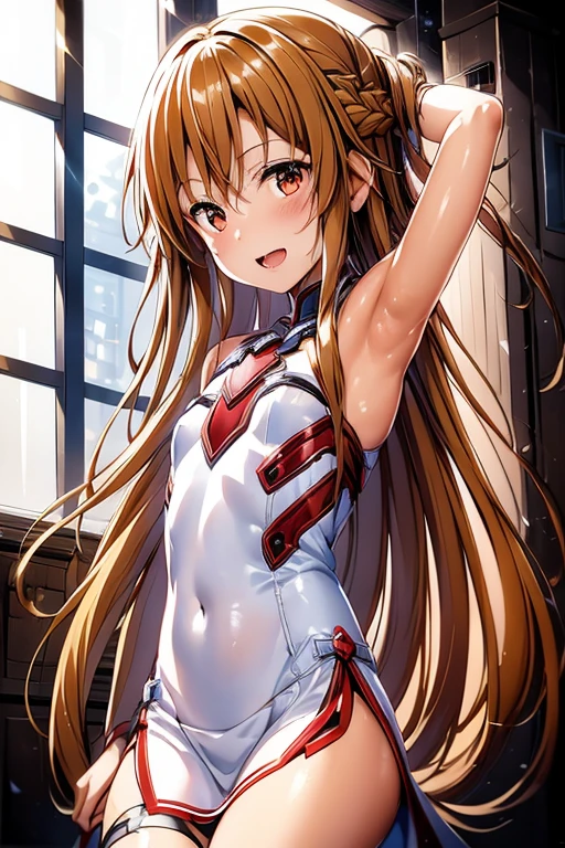 ((Highest quality)), ((masterpiece)), (be familiar with), Perfect Face, indoor, Bedroom, Watching the audience,
One woman, Yuuki Asuna,
Open Mouth, Ecstatic expression, blush, smile,
Small breasts, Flat Chest, , , child, Girl,
Long Hair, Long Hair,
Leg spread,