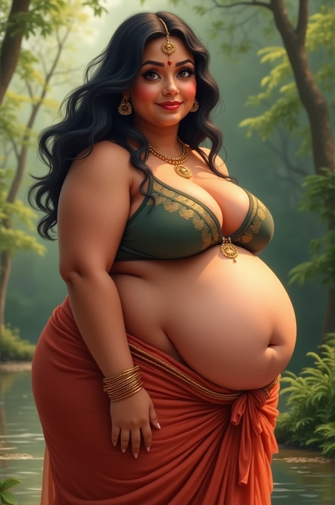 Create a realistic 3d image of a beautiful chubby Indian woman,
Wearing only panty, long hairs, bindi on forehead, a 20 years old man holding her boobs