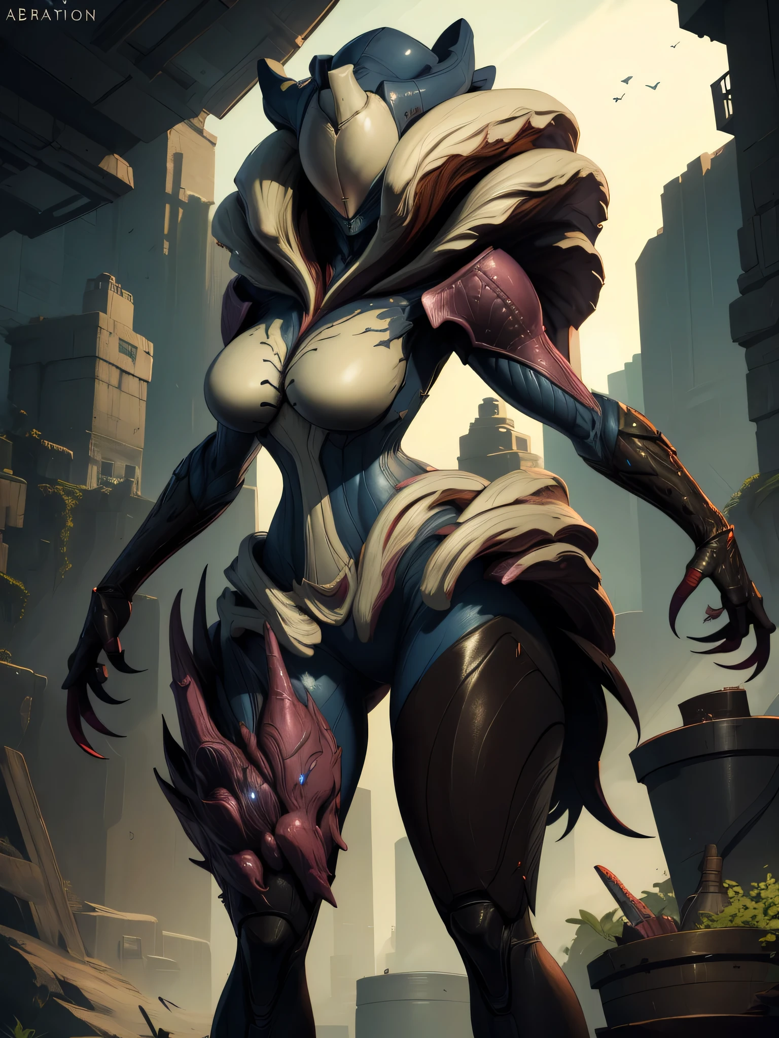 Saryn, standing, frontview, looking to the viewer. /she looks to the viewer), (((brunette human face))),  abadoned lavoratory. (insanely detailed,masterpiece, best quality),solo, claws. sharp feet.