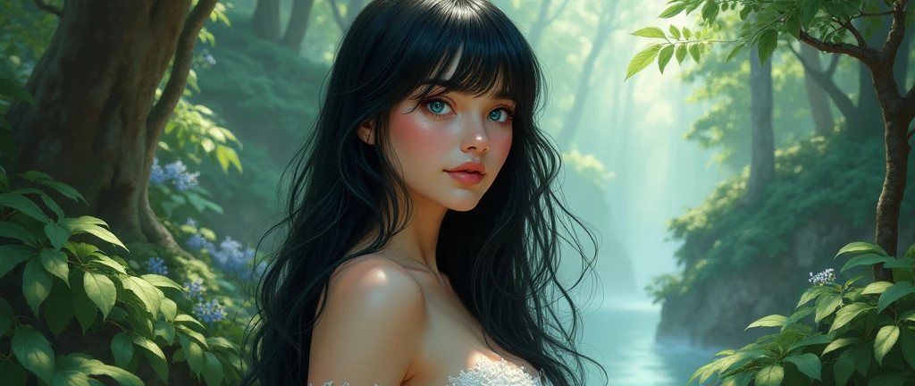 In this captivating image, alone nude young girl takes centre stage, captivating the viewer with her presence. Breast Medium, perfect erect nipples,slim waist, She stands in a picturesque outdoor setting, surrounded by lush vegetation and bathed in soft golden light. Her black hair cascades over her shoulders, framing her face, while her bewitching blue eyes shine with depth and intrigue. Tilting her head slightly, she looks directly at the viewer, her expression conveying a mixture of confidence and vulnerability. The emphasis is on her striking features and natural beauty, expertly captured in this hyper-realistic, high-resolution portrait. The background is deliberately slightly blurred, accentuating the focus on the young girl and adding depth to the composition. This photographic masterpiece captures both the outer and inner essence of the young girl, leaving the viewer captivated by her presence. The image will be rendered in a 9:16 format, allowing for a vertical composition that highlights the stature and presence of the young girl.